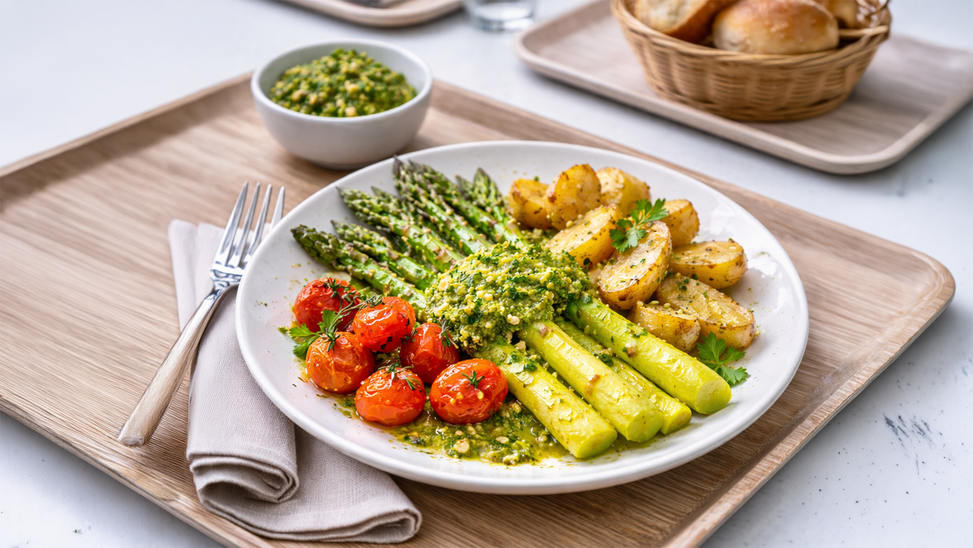 Grüner Spargel mit Kresse-Pesto, Ofenkartoffeln und confierten Cherrytomaten auf einem Teller in Kantinenumgebung