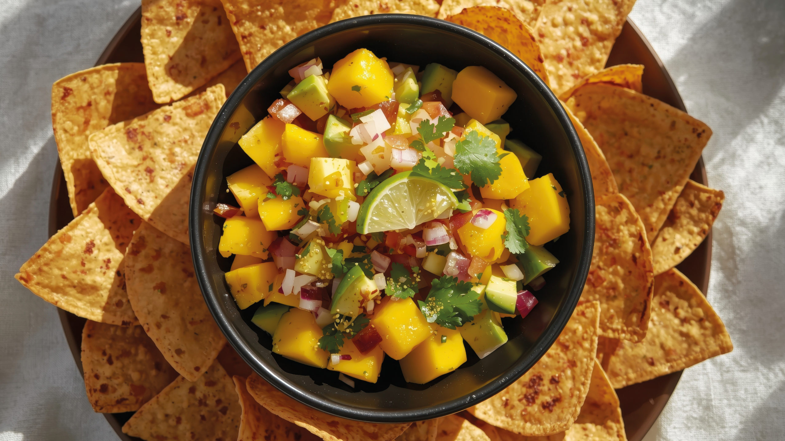 Exotischer Mango-Avocado Salat mit Limettendressing auf Tortilla Chips